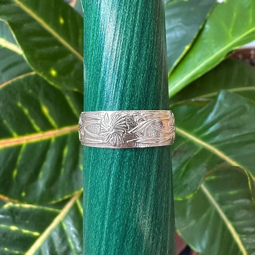 Men's Wide Band Floral Pattern Sterling Silver Ring Open Cuff